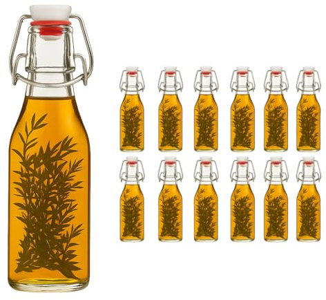 hocz 12x leere Bügelflaschen 200ml zum Befüllen Weiß - kleine Flaschen mit Bügelverschluss - 12er Bügel Glasflaschen Set für Saft, Getränke, Likör, Öl, Saucen - 12 Stück, 200 ml, Weiß