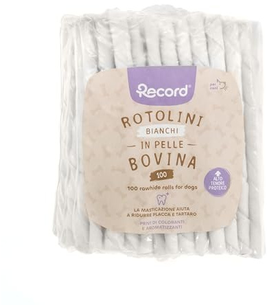Record - Snack per Cani Stick Termoretratti in Pelle Bovina. Masticativi per Cani Proteici e Naturali, ideali per la Salute Gengivale. Realizzati con Essicazione Naturale | 100 stick Bianchi, 550 gr