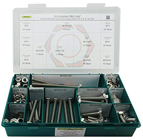 Set Sechskantschrauben DIN 933 M10 Edelstahl A2 V2A mit Muttern Scheiben