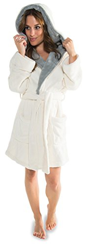 CelinaTex XS-XXXL Bademantel Kapuze zweifarbig kurz aufgesetzte Taschen Damen Mikrofaser Kuschelfleece OEKO-TEX Miami