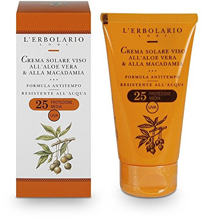 L'Erbolario Anti-aging solkräm för ansiktet, medium skydd, anti-aging-effekt, med aloe vera och macadamia, vattenbeständig, SPF 25, storlek: 75 ml