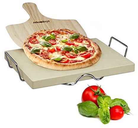 Relaxdays Pizzastein Set 3 cm Stärke mit Metallhalter und Pizzaschieber aus Holz HBT: 38x 30x 3cm rechteckiger Brotbackstein für Pizza und Flammkuchen mit Pizzaschaufel für Pizzaofen, natur