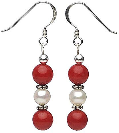 Ohrringe Ohrhänger aus Koralle & SüÃŸwasserperlen & 925 Silber, rot-weiÃŸ, Ohrschmuck für Damen
