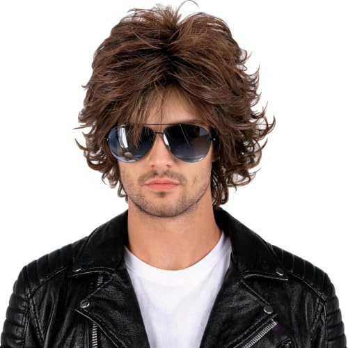 Topcosplay Herren Perücke schwarz kurz gewellt zottelig für Cosplay Halloween Kostüme männliche Perücke (Braun)