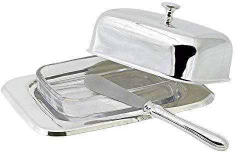 EDZARD Mantequillera / Mantequera Mista, 13 x 18 cm, para 250 gramos de mantequilla, plateada, resistente al deslustre, con inserto tazón de vidrio, incl. cuchillo para mantequilla