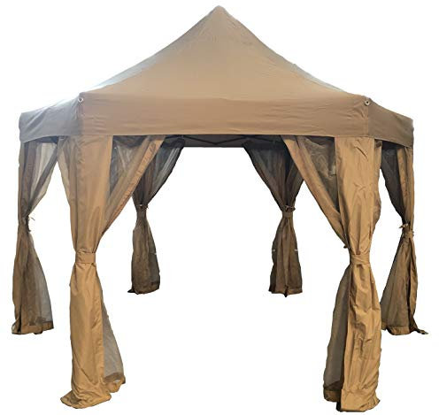 HORWOOD GARDEN METAL FRAME POP UP FOLDING HEXAGONAL GAZEBO BEIGE FABRIC 3.6M X 3M WITH NET CURTAINS