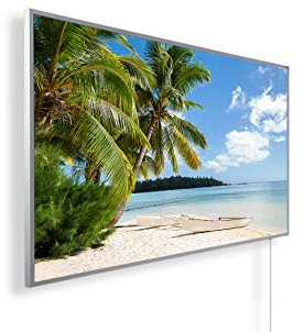 Infrarotheizung mit Bild – Bildmotiv – TÜV SÜD - 1200 Watt Bildheizung + Smart Thermostat + Könighaus APP - Weißer Rahmen (40. Insel Palme)