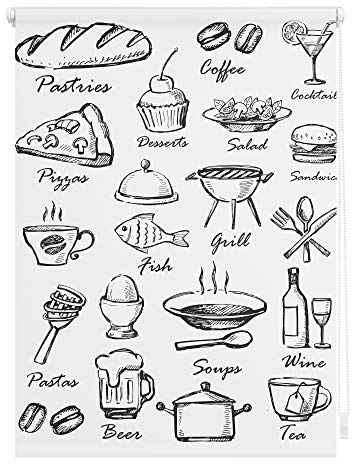 Lichtblick Klemmfix Tageslicht-Rollo mit Motiv, ohne Bohren, Blickdicht, Seitenzugrollo, Made in Germany, Menü - Schwarz Weiß 90 x 150 cm (B x L)