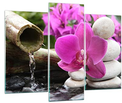 Mehrteilige Bilder auf Glas 130x100cm Glasbild Orchidee Bambus Dekoration Spa Groß Wanddeko Schlafzimmer Küche Set 3 teilige Wandbilder Dekoration Wohnzimmer Modern Wand Kunstdruck Art GCB130x100-2666