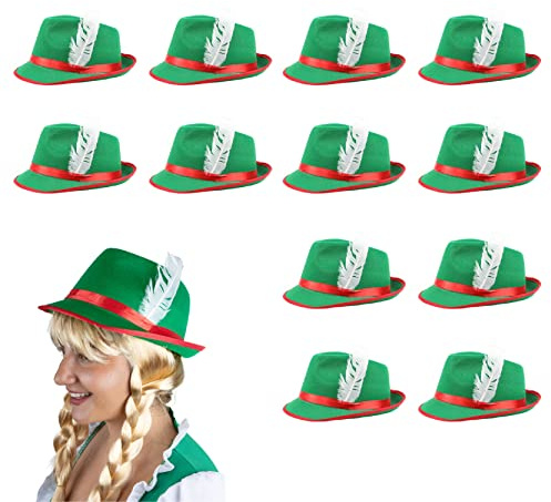 Adults Oktoberfest Hat - Pack of 12 - Green & Red Bavarian Hat with Feather Detail - German Oktoberfest Tyrolean Fancy Dress Accessory