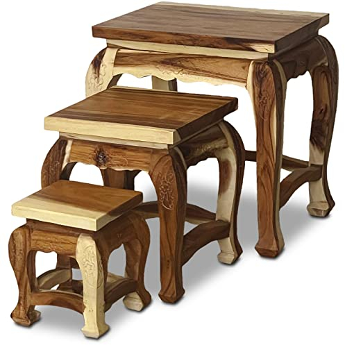 livasia Opiumtische aus Massivholz 3er Set – 30/40/50cm hoch – Handgeschnitzte Beistelltische Holz aus Thailand, Nachhaltig & Elegant (Natur)