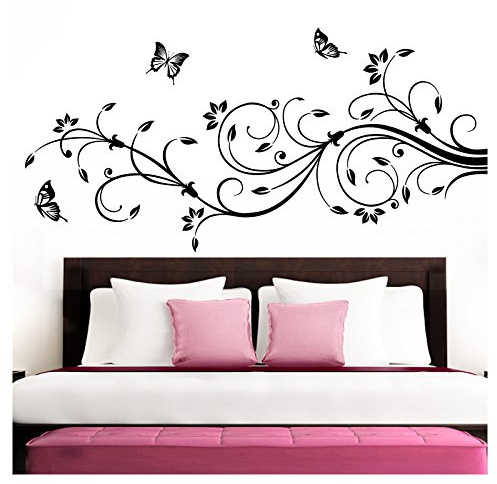 Grandora Wandtattoo XXL Blumenranken Schmetterlinge Blumen I schwarz (BxH) 160 x 69 cm I Schlafzimmer Liebe Flur Wohnzimmer modern Aufkleber Wandaufkleber W1073