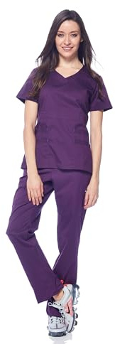 Dagacci Medical Uniform® Scrubs for Women Set – Natural Stretch Ultra Soft V-Neck Top and Pants Sets for Women - 9 Pocket Egg Plant M