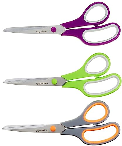 Amazon Basics Multipurpose Stainless Steel Office Scissors, Comfort Grip, PVD Coated, 3 Pack, Multicolor