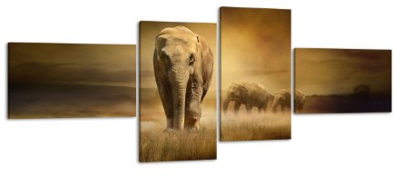 Leinwandbild Steppenelefant LW190 Wandbild, Bild auf Leinwand, 4 Teile, 100x45cm, Kunstdruck Canvas, XXL Bilder, Keilrahmenbild, fertig aufgespannt, Bild, Holzrahmen, Elefanten, Afrika, Steppe,