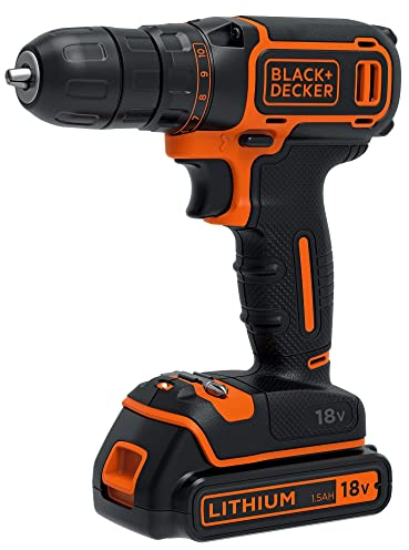 BLACK+DECKER Taladro Atornillador 18V, Par máximo 30Nm, Portabrocas 10mm, 1 Batería Litio 1.5Ah, Luz LED, Incluye Cargador 400mA y Maletín - BDCDC18K-QW