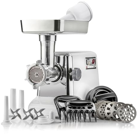 STX International Turboforce 3000 Series 5-in-1 Electric Meat Grinder | 3000W Max | 3-Speed | Size #12 | 5 Grinding Plates | 3 Stainless Steel Blades | Sausage Stuffer | Kubbe Maker & More Included