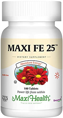Maxi Health Iron Supplement for Women & Men - Gentle Iron 25 mg for The Stomach - Non Constipating* Pills - Kosher - Non GMO - Vegetarian (100 Tablets)