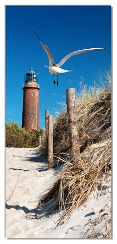 Wallario Selbstklebende Türtapete Möwe am Strand mit Leuchtturm - Türposter 93 x 205 cm Abwischbar, rückstandsfrei zu entfernen
