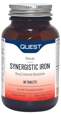 Quest Synergistic Iron 15mg Tablets with Vitamin B, C & Copper. Helps Reduce Tiredness & Fatigue Plus Formation of Red Blood Cells & Immune Support. Vegan & Gluten Free Formula. (90 Capsules)