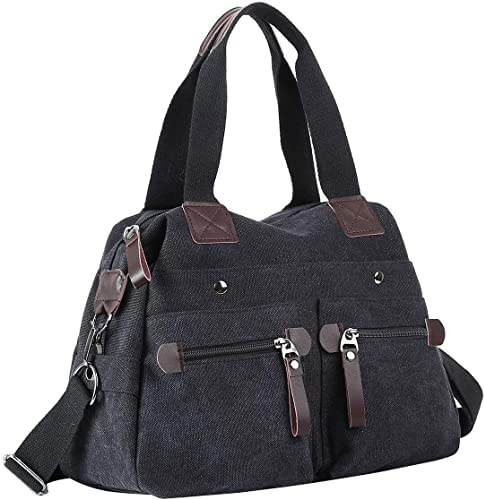 Eshow Damen Umhängetasche Handtasche Schultertasche Canvas Segeltuch mit Handgriff Anti diebstahl Fächern Schwarz zu Einkaufen spazieren (Hellschwarz)