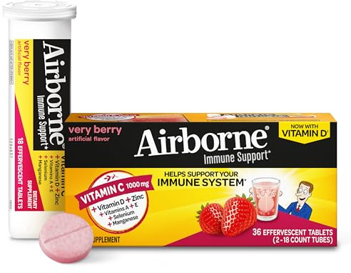 Vitamin C 1000mg (per serving) - Airborne Very Berry Effervescent Tablets (36 count in a box), Gluten-Free Immune Support Supplement, With Vitamins A C E, ZINC, Selenium, Echinacea & Ginger