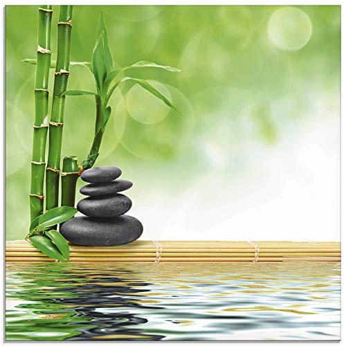 ARTland Wanddeko Glasbilder Wandbild Glas Bild einteilig Quadratisch Asien Wellness Zen Spa Steine Bambus Entspannung Grün T5OP