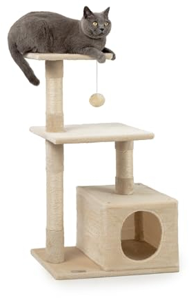 lionto Kratzbaum für Katzen mit Höhle und Plüschball inkl. Glöckchen, Höhe 85 cm, Katzenbaum mit Sisal & Plüsch, gemütliche Liegeflächen & Höhle, für kleine & große Katzen geeignet, beige