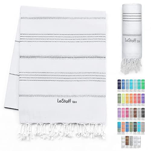 LeStoff Hamamtuch Strandtuch, 100% Bio-Baumwolle, 95x180 cm, Weiß/Silber | Badehandtuch Damen, Glitzer und großes Badetuch – leicht, schick, vorgewaschen, saugstark und schnelltrocknend