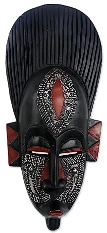 NOVICA Black And Red Handcrafted Ghanaian Wood Wall Mask, 'In Silence'