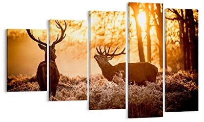 Mehrteilige Bilder auf Leinwand Deer Heidekraut Tier Leinwandbild 100x60cm Wandbilder Dekoration Wohnzimmer Schlafzimmer Set 5 teilige Groß Wanddeko Bild Wand Kunstdruck Art Decor Canvas EG100x60-3043