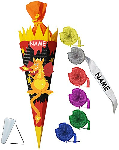 alles-meine.de GmbH BASTELSET Schultüte - Drache mit Feuer - 85 cm - incl. individueller Schleife + Name - mit/ohne Kunststoff Spitze - Zuckertüte - Set zum selber Basteln ..