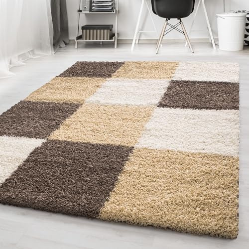 Carpetsale24 Hochflor Teppich Shaggy kariert 120x170 cm Mokka, weich & flauschig, modernes Karo Muster, rechteckig, perfekt für Wohnzimmer oder Schlafzimmer, stilvoll & bequem