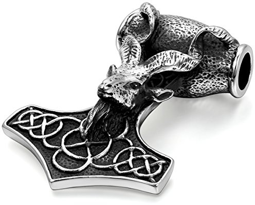 JewelryWe Joyas Collar con Colgante Hombre, Retro Colgante Cabra Martillo Gran Thor Mjolnir, Vintage Colgante Amuleto, Acero Inoxidable Plata Negro