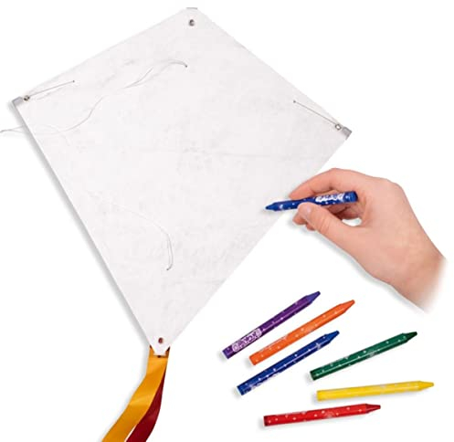 CIM Drachen Bausatz - Workshop Eddy - Kinderdrachen Komplettset zum selber basteln mit 6 Wachsmalstiften - 43 x 43cm - inklusiv Drachenschnur auf Handgriff und Zwei Streifenschwänzen