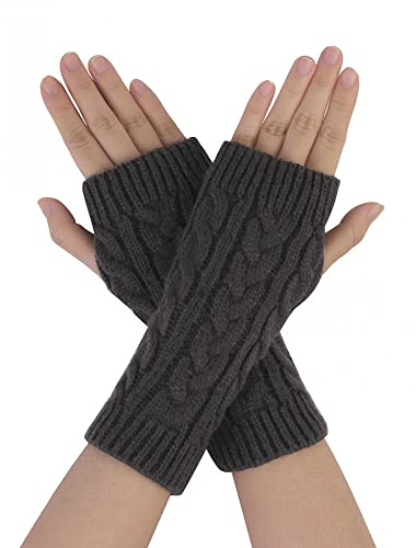 Allegra K Women's Ribbed Wrist Arm Warmers Stretchy Cable Knitted Fingerless Gloves One Size Dark Gray