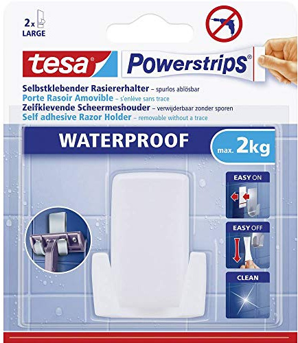 tesa Powerstrips Soporte para maquinilla Waterproof Wave - Blanco | Soporte autoadhesivo para maquinilla - Para ducha y bańo - Plástico de alta calidad - Adhesivo impermeable incluido
