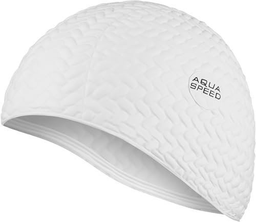 Aqua Speed Damen Badekappe für Lange Haare | weiße Schwimmkappe Latex Mädchen | Badehaube Schwimmen | Schwimmmütze wasserdicht | Women Swimming Cap for Long Hair | White | Bombastic Tic-Tac