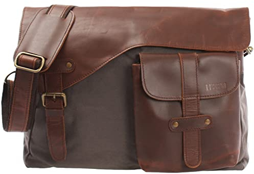 LECONI Messenger Bag DIN A4 Leder Canvas Damen & Herren Schultasche Retro look Collegetasche Umhängetasche 38x28x12cm braun grau LE3032-C