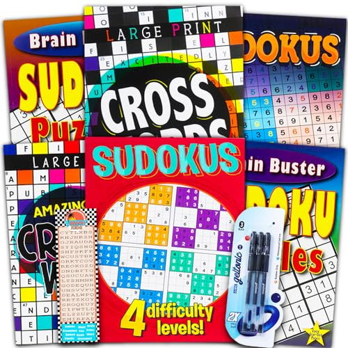 Sudoku Crossword Puzzle Books for Adults Seniors Super Set ~ Bundle of 6 Jumbo Crossword and Sudoku Puzzle Books Plus Pens and Bookmark (Over 550 Puzzles Total)