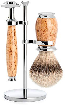 MÜHLE Rasierset - Purist Serie - Silberspitz Dachszupf - Rasierhobel - karelische Maserbirke