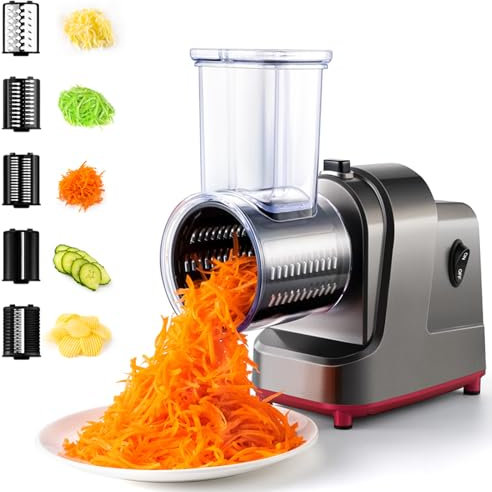 Rallador de queso eléctrico, triturador de queso, rebanador de verduras, herramienta de cocina 5 en 1, disparador de ensalada automático eléctrico de un solo toque con 5 cuchillas intercambiables