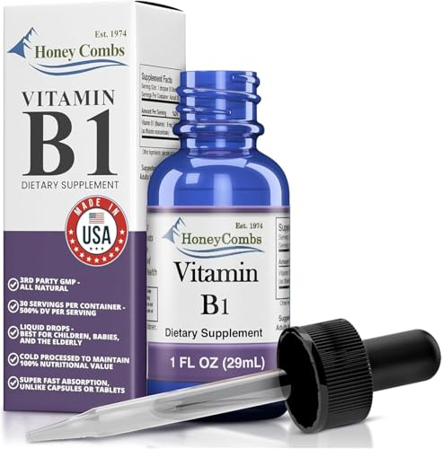 Vitamin B1 (Thiamine) Drops - High Potency Thiamine Vitamin B1 Extract - Vegan, Alcohol-Free Non-GMO Vitamin Liquid - Maintain Nervous System Health, Support Digestion & Boost Energy, 1 Fl Oz.