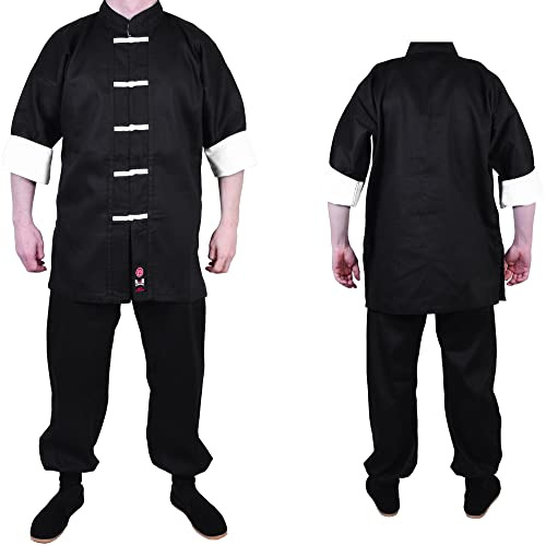 MAR INTERNATIONAL Black Kung Fu Uniform Unisex Martial Arts Suit for Adults & Kids Wing Chun Tai Chi Shaolin Design with White Cuffs 8oz Mediumnstructors, 8oz Medium-Weight Fabric (00/120)