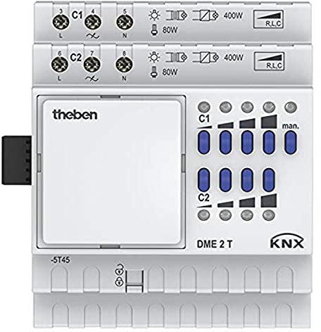 Theben 4930275 DME 2 T KNX MIX2 Universal-Dimmaktor 2-Fach 400W REG Secure | MIX2-Erweiterungsmodul, DIN-Schiene/Hutschiene, 5-400 W LED/Kanal, 800 W Parallelbetrieb, R/L/C, Data Secure, Bereich 0-100%