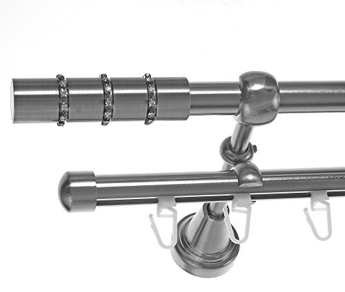 BASIT Gardinenstange Innenlauf Edelstahllook 16mm 2-läufig Wand 160cm H14RI | Gardinenstangenset doppelläufig Wandmontage Metall Vorhangstange Wandhalterung 120-600cm wählbar Kappe mit Kristall E25
