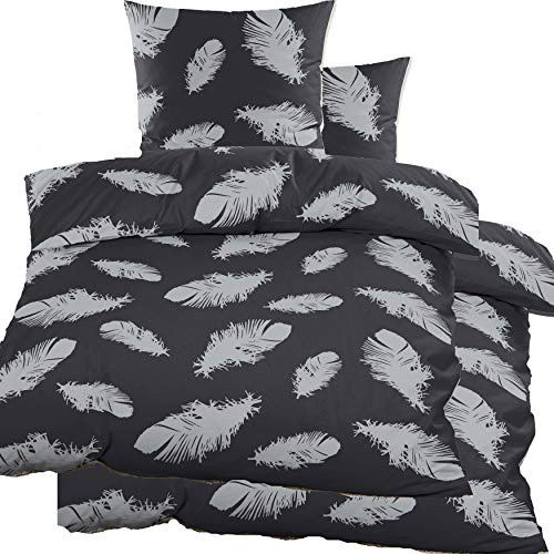 KH-Haushaltshandel 4-TLG. Biber Winter Bettwäsche 2X (135 x 200 + 80x80 cm), dunkelgrau Silber, Federn, Baumwoll Mischgewebe (40115)