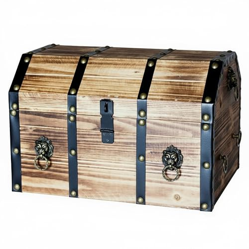 Vintiquewise Wooden Treasure Chest Trunk Vintage-Style Storage Box with Leather Straps Brass Rivets Lion Head Ornaments & Latch Closure Decorative Accent and Functional Organizer for Home Décor, Large