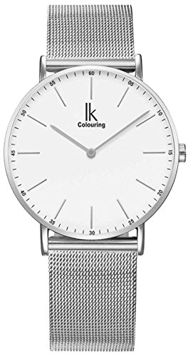 Alienwork IK Armbanduhr Herren Damen Silber Metall Mesh Armband Edelstahl Weiss Ultra-flach