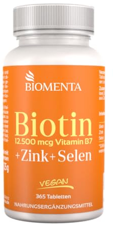 BIOMENTA Biotin + Zink + Selen - Haut + Haare + Nägel Komplex - 12.500 mcg Vitamin B7 / Stck. - 365 Biotin Tabletten hochdosiert + vegan - Premiumqualität